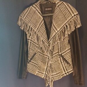 Guess Black and White Fringe Plaid Mixed-Media Jacket